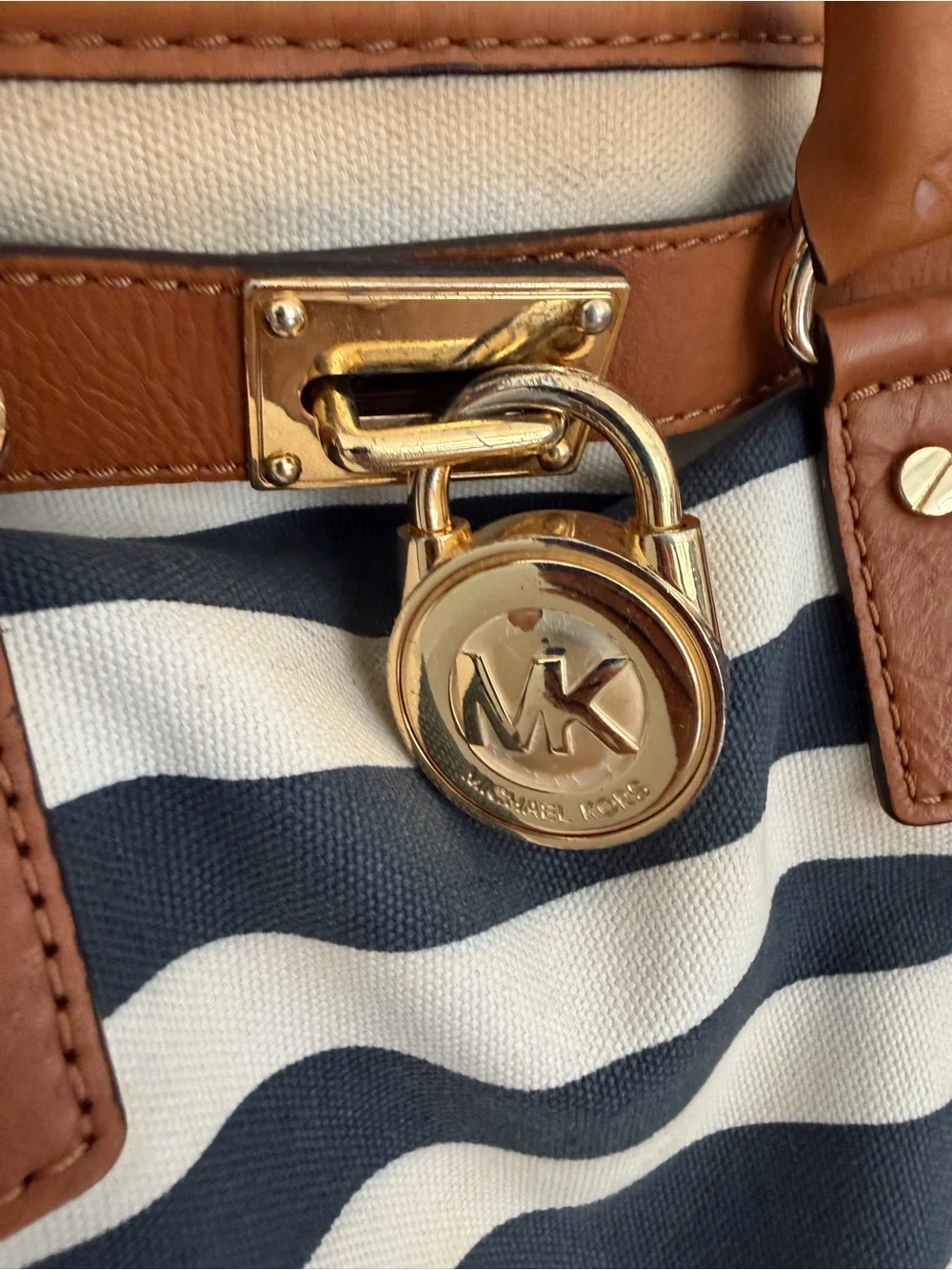 Michael Kors Navy & White Striped Shoulder Tote with Brown Trim